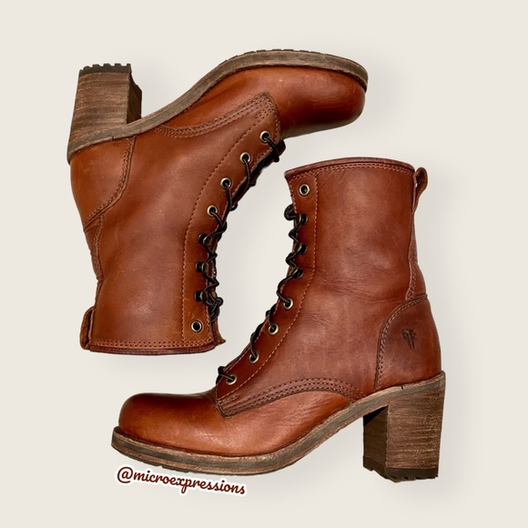 Frye Karen Cognac Leather Combat Lace Up Combat Wood Block Heeled Ankle Booties - Picture 5 of 14